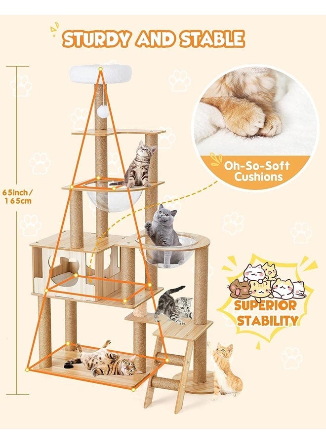 شجرة قطط حديثة للقطط الداخلية، برج خشبي متعدد المستويات بطول 65 بوصة، شقتان كبيرتان على شكل كبسولة، مزودة بخدش من السيزال بالكامل - Image 5